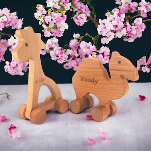 Personalized Beech Wood Push Toy Set: Giraffe & Camel, Toddler Gift