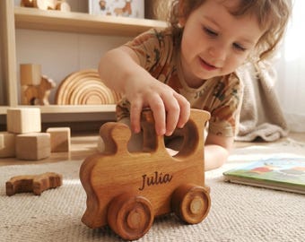 Personalized Wooden Train Toy, Custom Name Engraved Locomotive, Montessori Beech Wood Toddler Gift