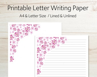 Printable Pink Florals Letter Writing Paper - Lined and Unlined - A4 and US Letter Size