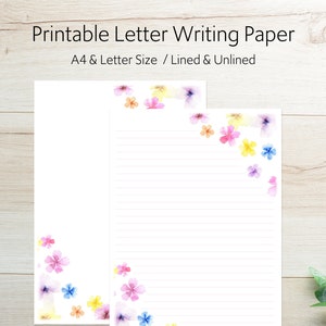 Printable Watercolour Florals Letter Writing Paper - Lined and Unlined - A4 and US Letter Size