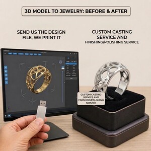 Op de afbeelding: Een computermonitor toont een 3D-model van een ring met een organisch, webachtig patroon. Daarnaast staat een afgewerkte zilverkleurige ring met hetzelfde ontwerp op een zwarte displaystandaard. Tekst: 3D MODEL TO JEWELRY: BEFORE & AFTER.