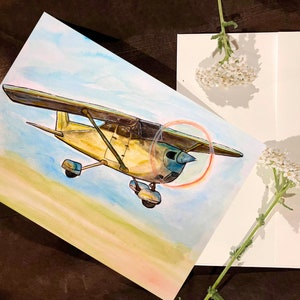 Cartão aquarela IMPRIMÍVEL, pintura Cessna, avião clássico, avião Cessna, cartão para download, cartões em branco