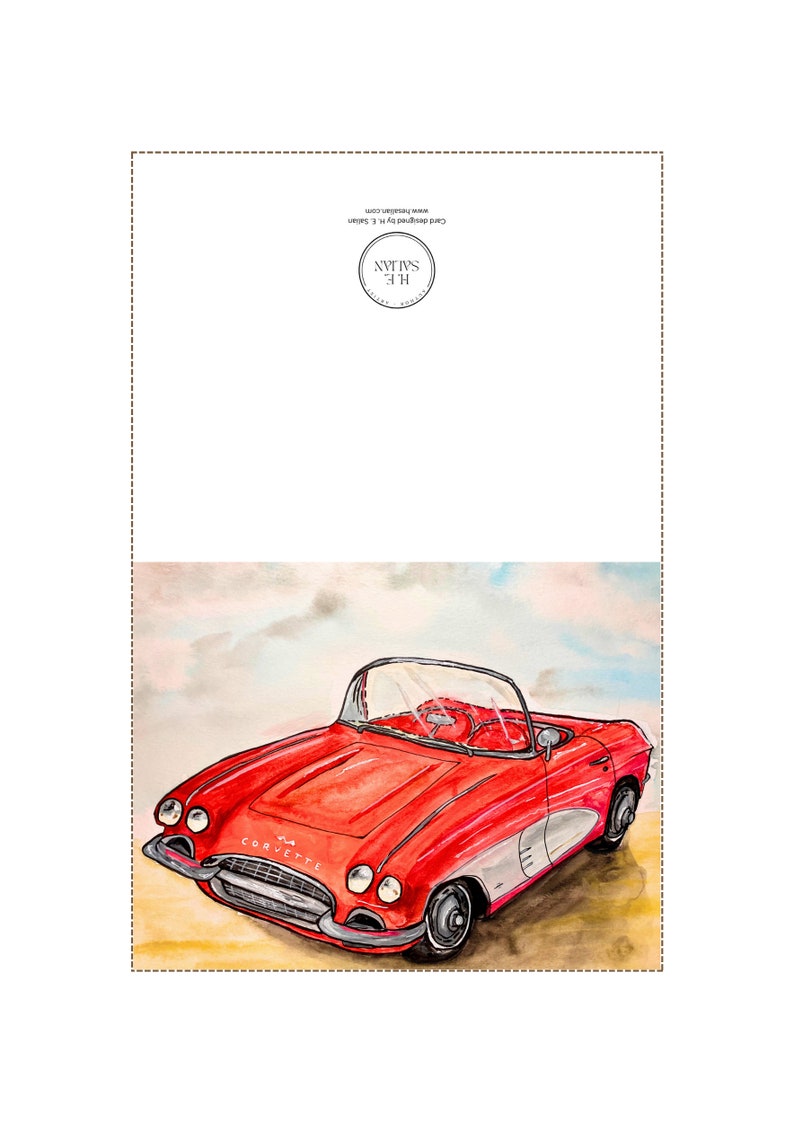 PRINTABLE Watercolor Card, Classic Corvette, Vintage Car, Downloadable Card, Blank Cards, Gifts