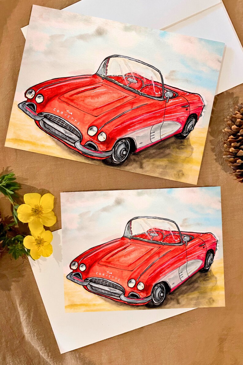 PRINTABLE Watercolor Card, Classic Corvette, Vintage Car, Downloadable Card, Blank Cards, Gifts