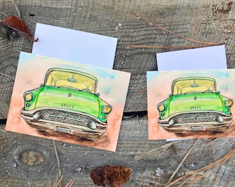 Set Of 5 Or 10 Watercolor Cards, Classic Car, Watercolor Painting, Vintage Automobile, Blank Cards, Gifts For Car Lovers