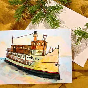 DRUCKBARE Aquarell Karte, Dampfboot Malerei, Klassisches Boot, Dampfschiff, Herunterladbare Karte, leere Karten für jeden Anlass