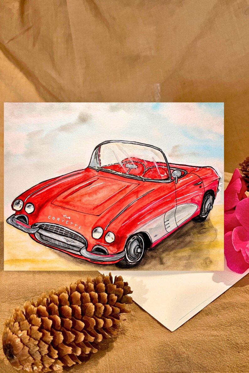 PRINTABLE Watercolor Card, Classic Corvette, Vintage Car, Downloadable Card, Blank Cards, Gifts