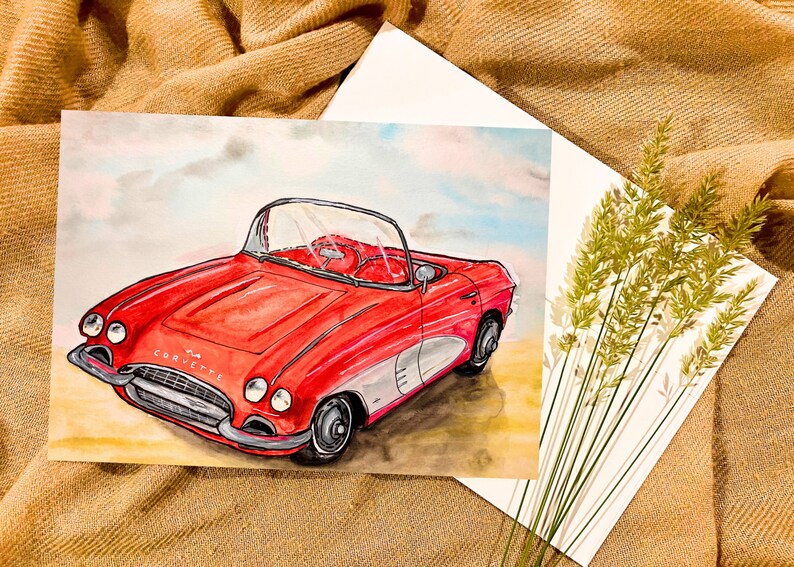 PRINTABLE Watercolor Card, Classic Corvette, Vintage Car, Downloadable Card, Blank Cards, Gifts