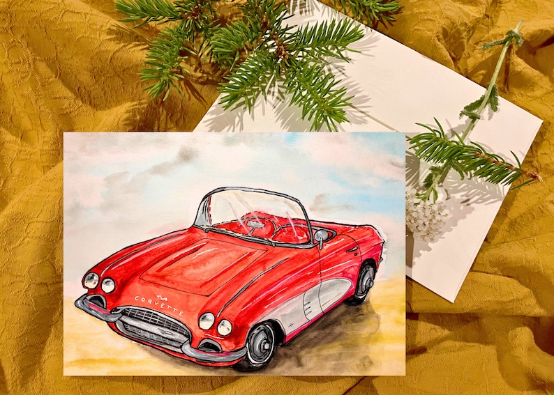 PRINTABLE Watercolor Card, Classic Corvette, Vintage Car, Downloadable Card, Blank Cards, Gifts
