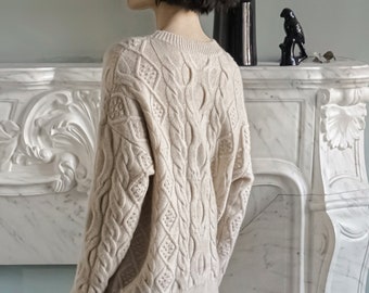 Ecru 3ply 100% Cashmere Aran Knit Sweater Jumper, Crew Neck Cable Knit Fisherman Sweater, Loose Fitting Celtic Braided Cashmere Pullover