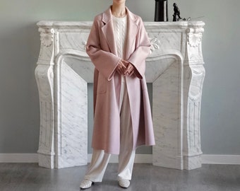 Ladies Dusty Mauve Pure Wool Wrap Coat with Belt, Classic Loose Fit Wool Autumn Winter Robe Coat, Women's Lapel Long Belted Kimono Overcoat