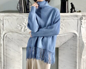 Dusty Blue Moss Stitch Merino Wool Fringe Sweater, Ladies Warm High Neck Wool Jumper, Women's Loose Fitting Tassel Trim Turtleneck Pullover