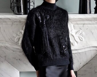 Black Silky Mohair Jumper with Pailletten Appliqué and Tassel Detail, Fluffy Mohair High Neck Sweater, Elegant Alternative Winter Eventwear
