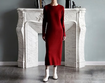 Burgundy Pure Merino Wool Long Knitted Dress, Long Sleeve Crew Collar Dress, Winter Maxi Natural Wool Dress, Elegant Basic Fitted Dress