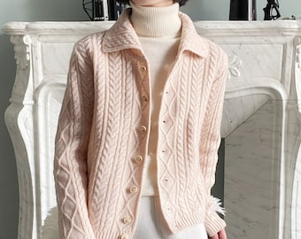 Ladies Creole Pink Cable Knit Aran Cashmere Wool Cardigan, Women's Collared Clan Pattern Wool Sweater, Buttoned Cashmere Cardigan