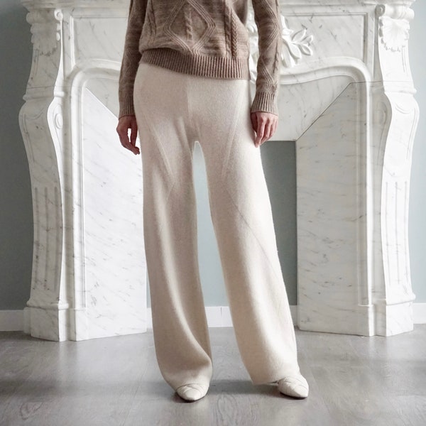 100% Pure Cashmere Straight Wide Leg Trousers in Cream, Elegant Knitted Cashmere Wool Sweatpants for Women, Ladies Cashmere Loungewear Pants