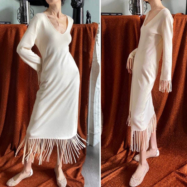 Cream Merino Wool Knitted Tassel Dress, Women Autumn Slim Fit Fringe Dress, Ladies Long Sleeve Sweater Dress, Elegant Vintage Inspired Dress