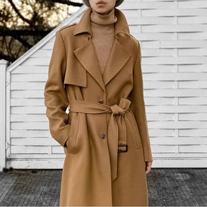 Camel Pure Worsted Merino Wool Trench Coat for Women, Gabardine Wool Lapel Coat with Silk Acetate Lining, Single Breasted Long Tailored Coat
