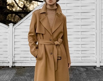 Camel Pure Worsted Merino Wool Trench Coat for Women, Gabardine Wool Lapel Coat with Silk Acetate Lining, Single Breasted Long Tailored Coat