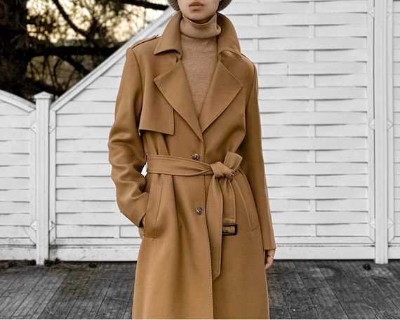 Camel Pure Worsted Merino Wool Trench Coat for Women, Gabardine