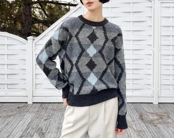 90s Vintage Black Argyle Cardigan / Lambswool Knit Cropped Sweater