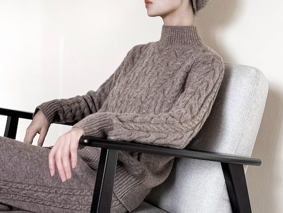 Pure Yak Wool Cable Knit Jumper & Trousers Set, 100% Undyed Yak Wool Stand Up Collar Sweater, Women's Warm Winter Cable Knit Lounge Set