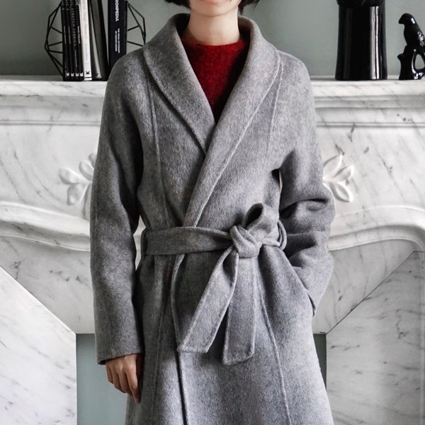 Manteau ceinturé à col châle en laine d’alpaga confortable, manteau ceinturé chaud d’hiver long avec ceinture, manteau en laine grise pour dames avec poches latérales