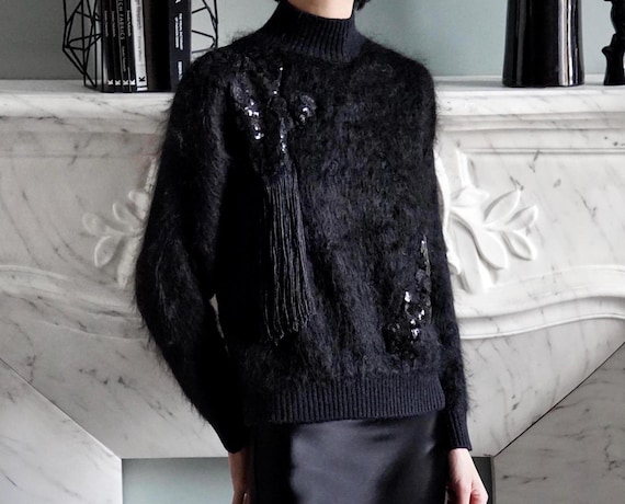 Black Silky Mohair Jumper with Pailletten Appliqué and Tassel Detail,  Fluffy Mohair High Neck Sweater, Elegant Alternative Winter Eventwear