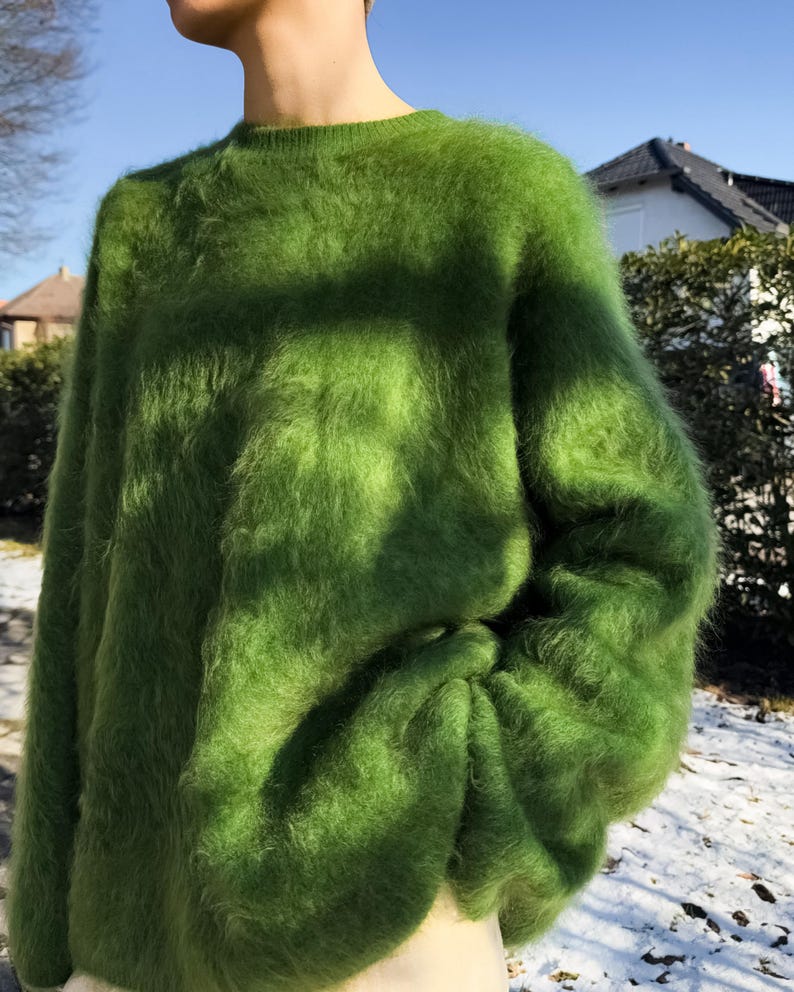 Grön tröja i 100 % borstad kashmir med lös passform, fluffig skogsgrön kashmirtröja, överdimensionerad långhårig kashmirtröja bild 19