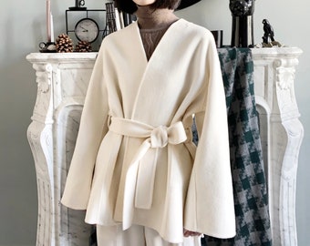 Pearl White 100% Wool Kimono Belted Wrap Coat, Ivory Pure Virgin Wool Open Front Wrap Jacket, Women Loose Fitting Winter Short Robe Coat