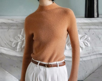 Soft Seamless 100% Cashmere Stand Up Collar Jumper, Elegant Ladies Camel Cashmere Knitted Sweater, Warm Savanna Long Sleeve Ribbed Pullover