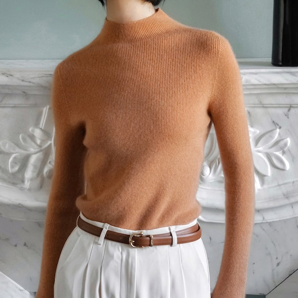 Pull col montant 100 % cachemire doux et sans couture, pull en maille de cachemire camel pour femmes élégantes, pull côtelé à manches longues savane chaud