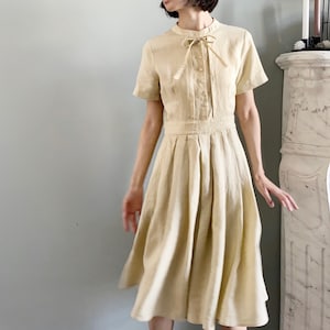 Buttermilk Natural Linen Pleated Summer Dress, Short Sleeve Linen Dress with Pockets and Bow Tie, Button Down Women Shirt Dress Midi