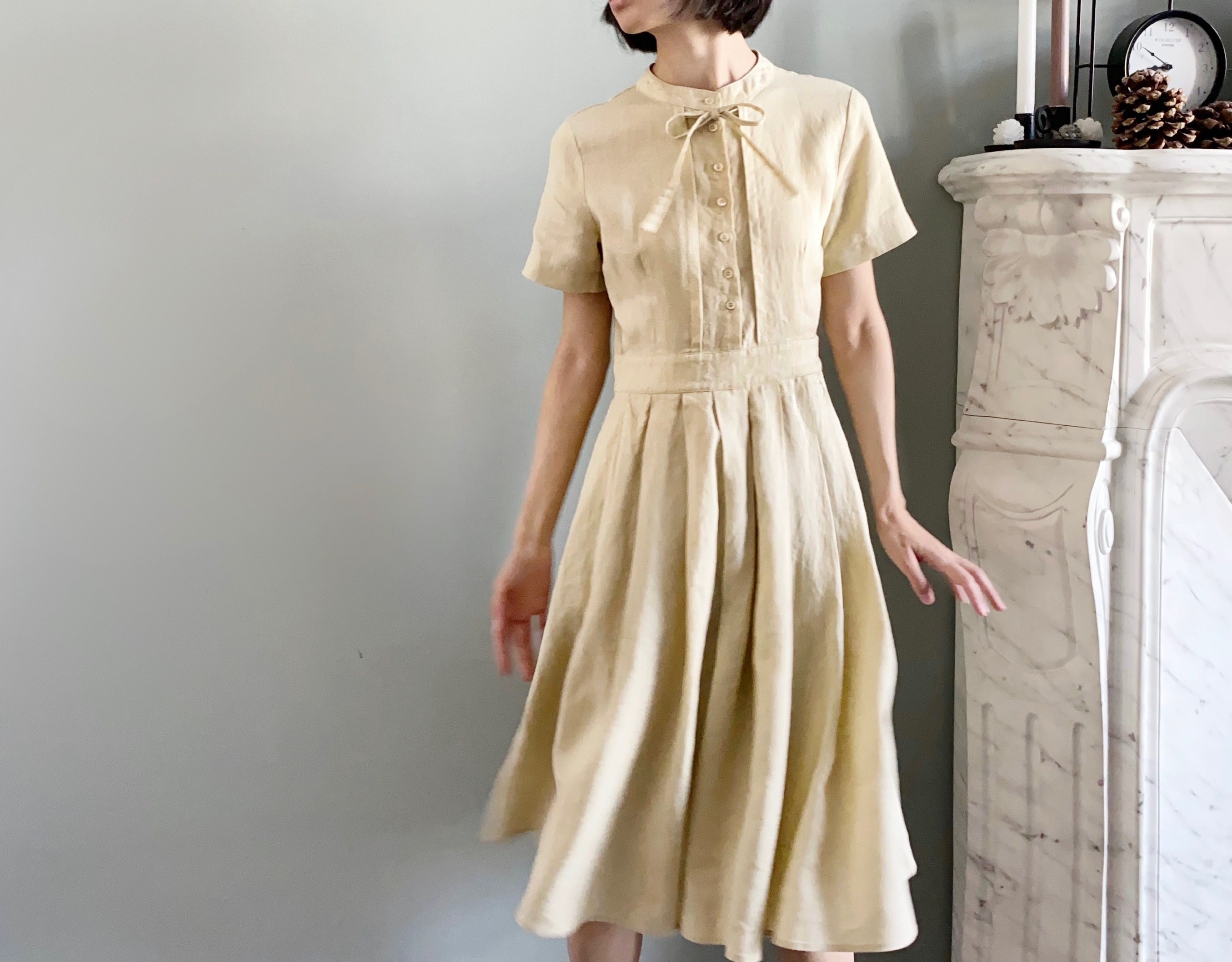 Damen Blusenkleid Leinen Baumwolle - V-Ausschnitt Sommerkleid Mit Taschen