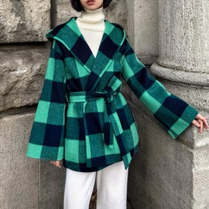 Warm Hooded Llama Wool Coat with Belt, Women's Teal Green Navy Blue Checkered Wool Wrap Overcoat, Plaid Belted Winter Cape Coat with Hood