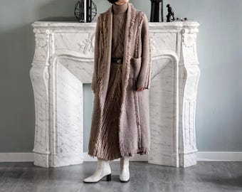 Thick 100% Cashmere Chunky Knit Fringed Coat, Ladies Cashmere Knitted Coatigan, Long Shawl Collar Cashmire Cardigan, Women&#39;s Cashmere Coat
