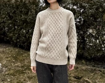 Traditional Aran Fisherman Sweater 100% Lambswool,  Ladies Crew Neck Wool Aran Knit Sweater, Ecru Cable Knit Pullover Jumper
