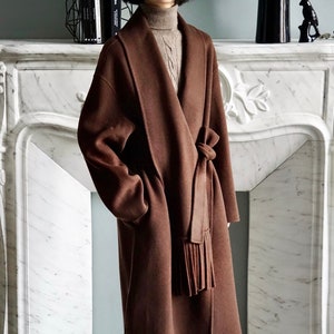 Ladies Tobacco Brown Shawl Collar Cashmere Wool Coat with Tassel Fringe Scarf, Women's Loose Fit Long Coat, Belted Asymmetric Wrap Robe Coat