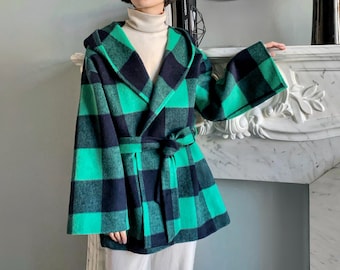 Warm Hooded Llama Wool Coat with Belt, Women's Teal Green Navy Blue Checkered Wool Wrap Overcoat, Plaid Belted Winter Cape Coat with Hood
