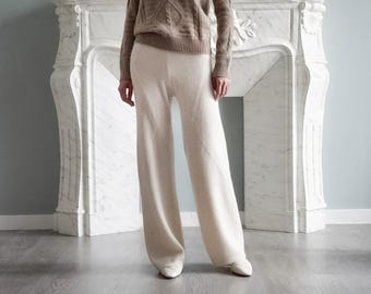 100% Pure Baby Cashmere Straight Wide Leg Trousers in Cream, Elegant Knitted Cashmere Sweatpants for Women, Ladies Cashmere Loungewear Pants