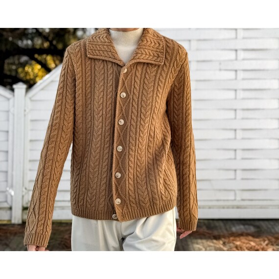 Kaschmir Strickjacke Damen Camel Braun Damen Zopfmuster Aran Wolle - Main Image