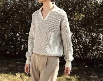 Waffle Sailor Collar Cashmere Wool Knitted Sweater Jumper, Off White Brown Textured Wool Cashmere Pullover, Soft Natural Wool Sailor Sweater