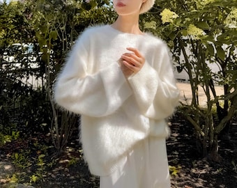 Wide Sleeve 100% Brushed Cashmere Loose Fit Sweater Undyed White, Fluffy Cashmere Pullover Jumper, Ivory Seamless Longhair Cashmere Sweater