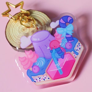 Biseksuele Candyland-sleutelhanger - subtiele biseksuele vlagbedel - kawaii acryl chibi-sleutelhanger/bedels - schattige spinnibbles