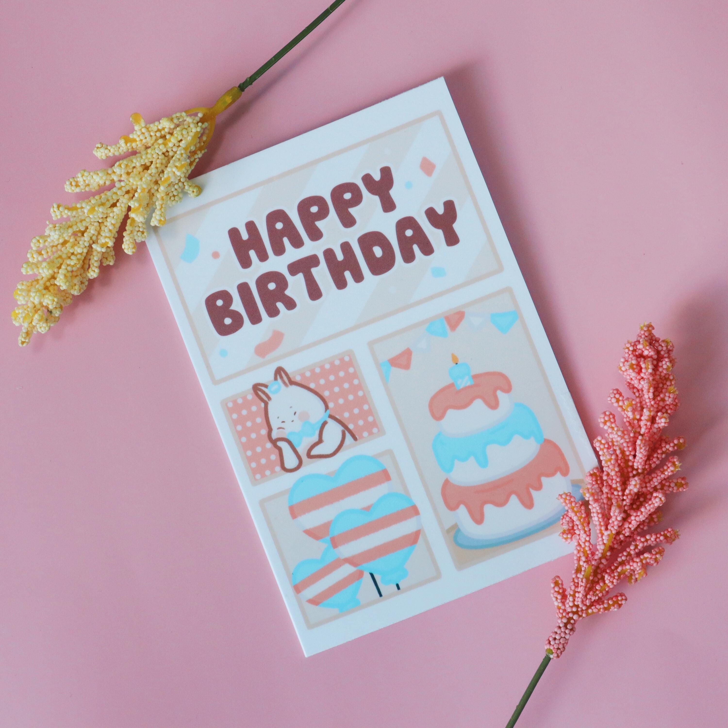 Trans Happy Birthday Card - Trans Flag Floffy - Cute Queer LGBT Birthday Card Pink Blue