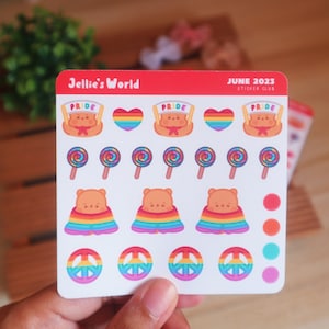 Pegatinas para planificador de desfile del orgullo con bandera del orgullo - Lindo oso marrón LGBT - Pegatinas para planificador de minibujo/bullet journal - Mate/brillante