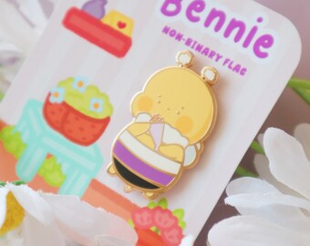 Non-Binary Flag Enamel Pin - Subtle LGBT Enby Mascot - Kawaii Yellow Bee Florist Bennie -Jellie's World-
