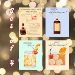 Set van vier Bar Cart Art, Lady Cocktails, Tavern Vibe, Fun Wall Art, Wisconsin Supper Club, Brandy ouderwetse digitale download