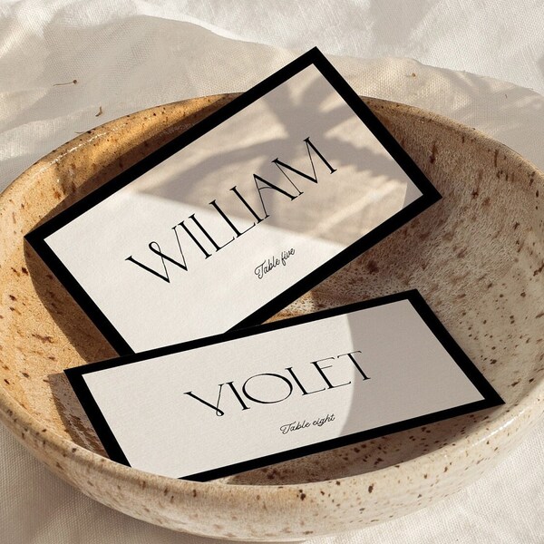 Modello per segnaposto per matrimonio retrò, biglietto con nome in grassetto, segnaposto in bianco e nero, decorazione per matrimonio retrò, classico, minimalista, download immediato W07