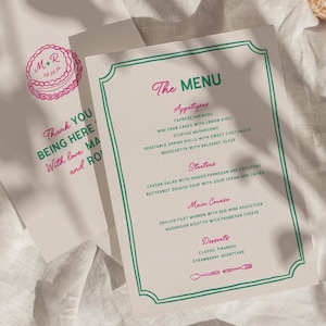 Modernes Hochzeitsmenü Vorlage, wunderliches Hochzeitsmenü, Handgezeichnetes Menü Handgeschrieben, Spaß Hochzeitsdekor, Hochzeitstorte, Initialen, W16